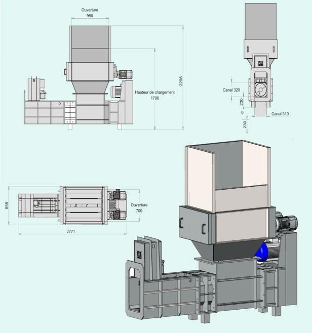 POLY-2000 BLIK press, canal à serrage hydraulique ( channel hydraulic clamping) : Réduction de volume des emballages en polystyrène expansé (Reduction of volume of expanded polystyrene packing)