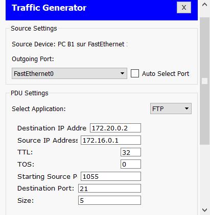 Comme précédemment, je vais effectuer un test, en utilisant le générateur de paquet de cisco packet tracer, pour envoyer une trame FTP d un poste utilisateur vers le serveur FTP.