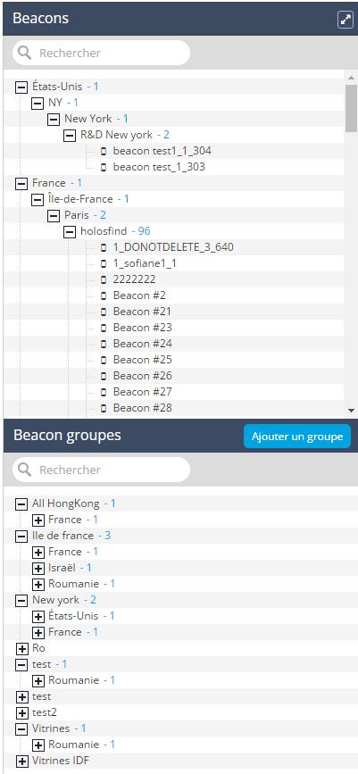 b) Beacons / Beacon Groupes La section Beacon affiche la localisation de tous les beacons et permet à l utilisateur de sélectionner le beacon à modifier.