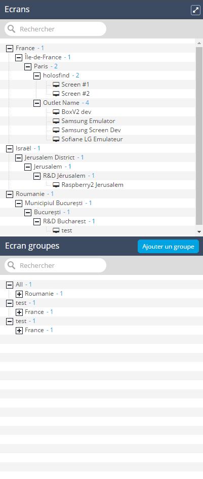 b) Ecrans / Ecran Groupes La section Ecran affiche la localisation de tous les écrans et permet à l utilisateur de sélectionner l écran à modifier.