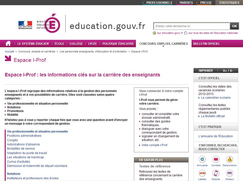 GUIDE : Aperçu de la page du site www.education.gouv.