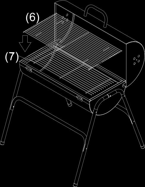 ETAPE 6: A: Insérez la grille à charbon(7) dans la cuve. B: Insérez la grille de cuisson (6) dans la cuve.