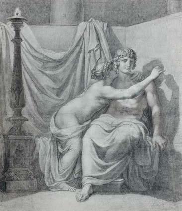 Le dessin italien est notamment représenté par une feuille recto-verso de Vincenzo Camuccini (1773-1844), dédiée à un sujet fondateur : L'invention de la peinture, crayon noir et estompe, 60 x 51,50