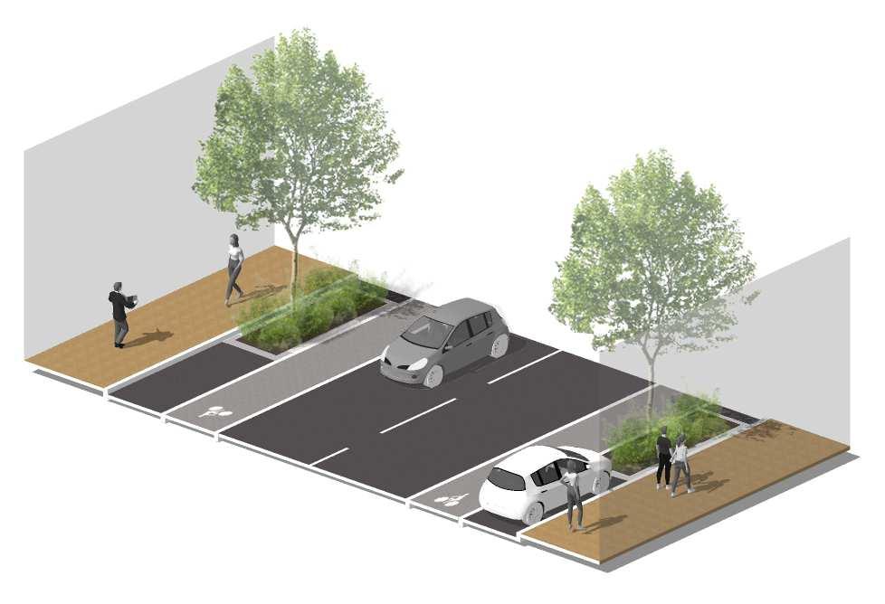 5.6. Variante d aménagement Sur cette variante du scénario précédent, il est intégré des banquettes plantées plus longues (5m. au lieu de 3m.) en pied d arbres dans le stationnement.