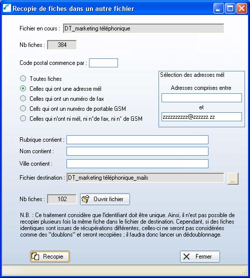 CAPTURE DES PROFESSIONNELS PAGE 23 Le bouton «Recopie» vous sert à créer de nouvelles listes de contacts à partir de fichiers existants.