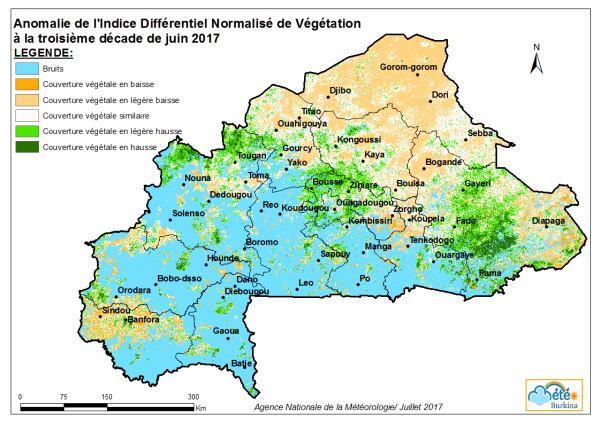 5 IV. Suivi de la végétation Indice Normalisé Différentiel de Végétation (NDVI) Au cours de la troisième décade du mois de juin 2017, la couverture végétale s est améliorée dans la zone sahélienne de