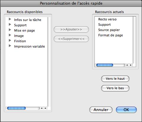 IMPRESSION SOUS MAC OS X 25 8 Cliquez sur Personnaliser pour spécifier les options affichées dans la fenêtre Accès rapide.