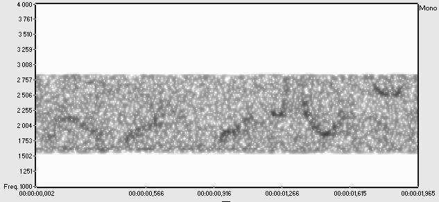 Figure 84 : Sonogramme de la phrase turque «Mehmet okulagit» à 550m élimination des bandes de fréquence en dessous de 1500 Hz et au dessus de 3000 Hz Figure 85 : Emergence en amplitude du sifflement