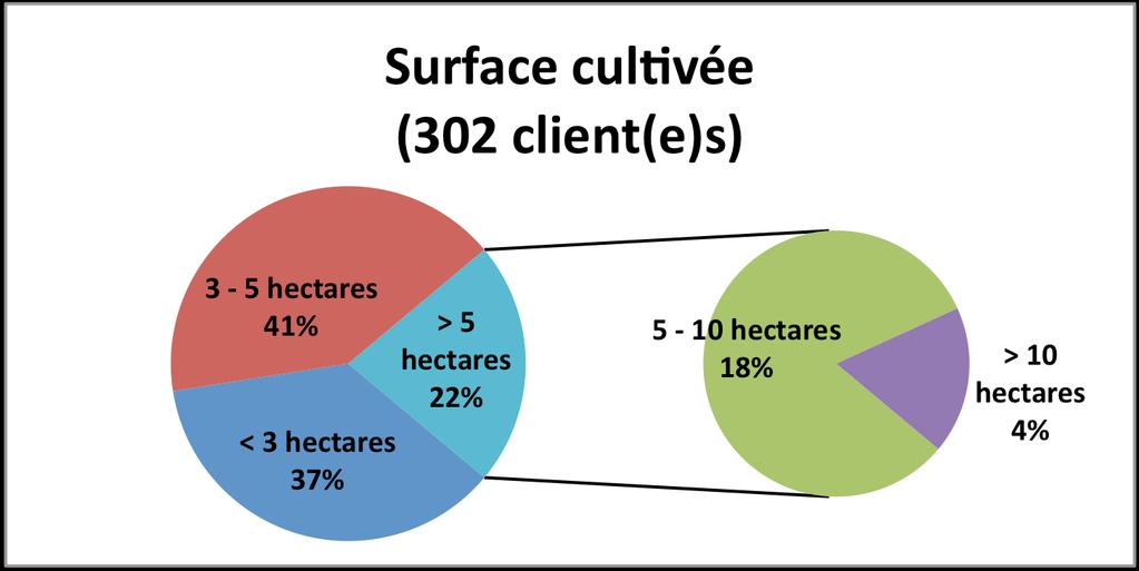 Surfaces cultivées par les client(e)s interrogé(e)s 3 à 5 hectares est la surface de la plus grande partie des