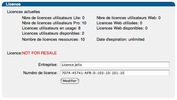 Licence Nombre de licences utilisateurs Lite: Comptabilise le nombre total de licences de type TeamAgenda Lite.