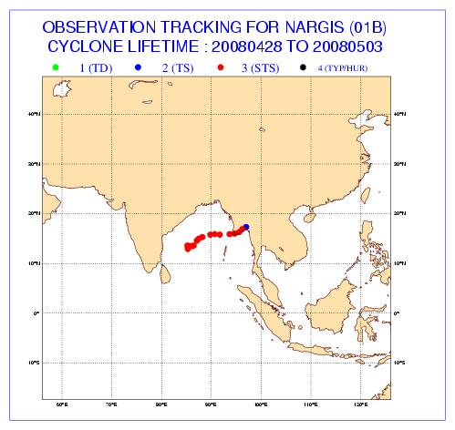 Positions observées du cyclone Nargis Formation le lundi