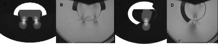 Les images A et C représentent les franges nu- Figure 7 Franges numériques et expérimentales : 0 et 60 mériques alors que les images B et D représentent les franges expérimentales.