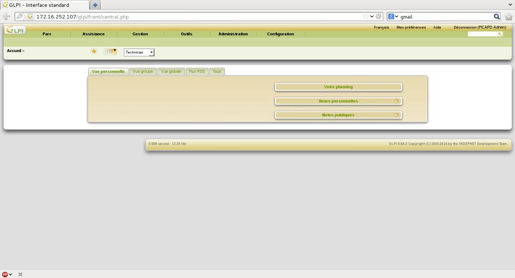 Une fois logger on arrive sur : Interface principale de GLPI 7) Ajouter votre machine sur GLPI/OCS L'utilisateur peut envoyer des tickets d'erreurs à l'administrateur pour que ce dernier puisse lui