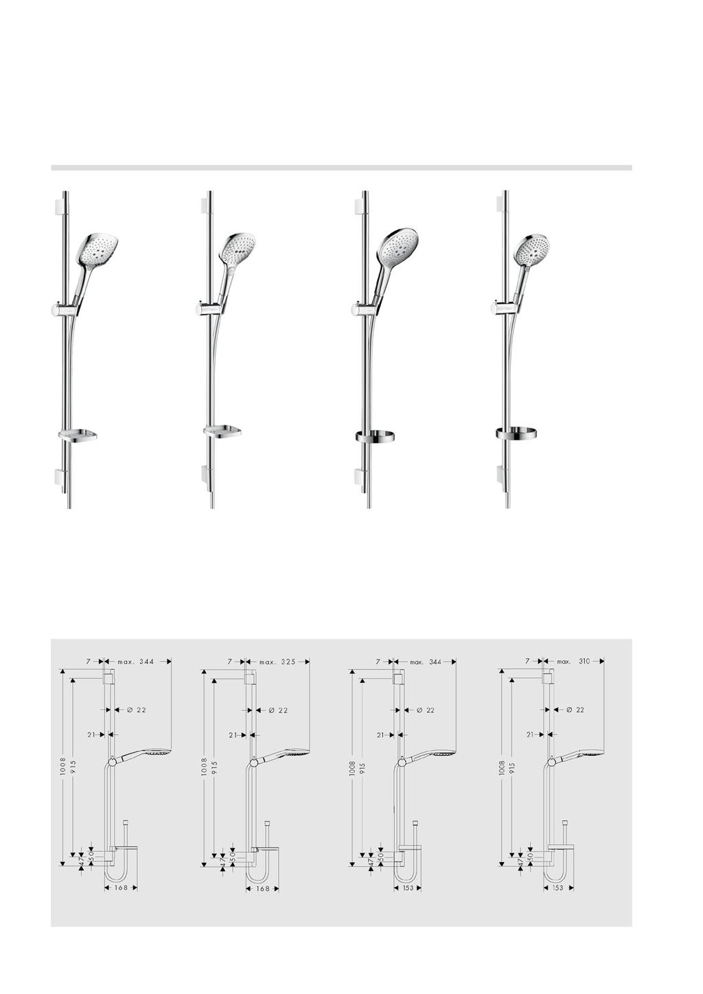Aperçu des sets de douche Raindance Select E 150/ Unica S Puro Set 90 cm # 27857, -000, -400 65 cm # 27856, -000, -400 (non représ.