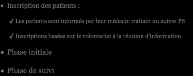 DEROULEMENT DU PROGRAMME Inscription des patients : Les patients sont informés par leur médecin traitant