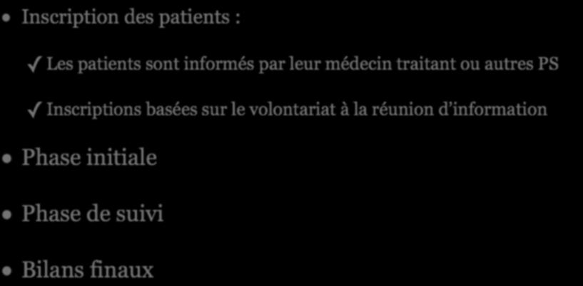 DEROULEMENT DU PROGRAMME Inscription des patients : Les patients sont informés par leur médecin traitant ou