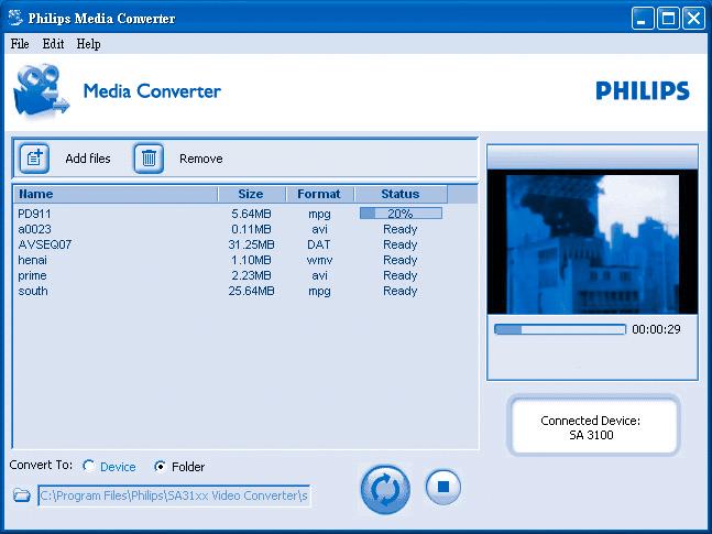 B Transfert de vidéos et de photos Le Convertisseur de médias Philips convertit les clips vidéo et les fichiers JPEG en un format compatible avec le lecteur.