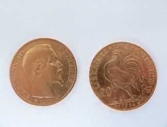1 Pièces de monnaie Estimation : 250 / 350 Euros Adjugé(e) : 360 Euros 2 pièces de monnaie en or de 20 Francs Français. 12,9 g.