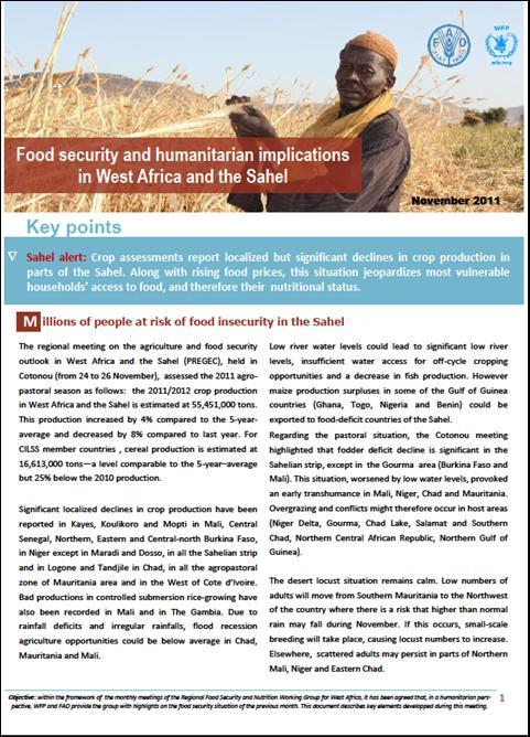 PILIER 2 et 4 : Suivi régional et alerte précoce et préparation aux crises Alerte du Groupe de Travail Sécurité alimentaire et Nutrition (Notes conjointes FAO PAM); Octobre et
