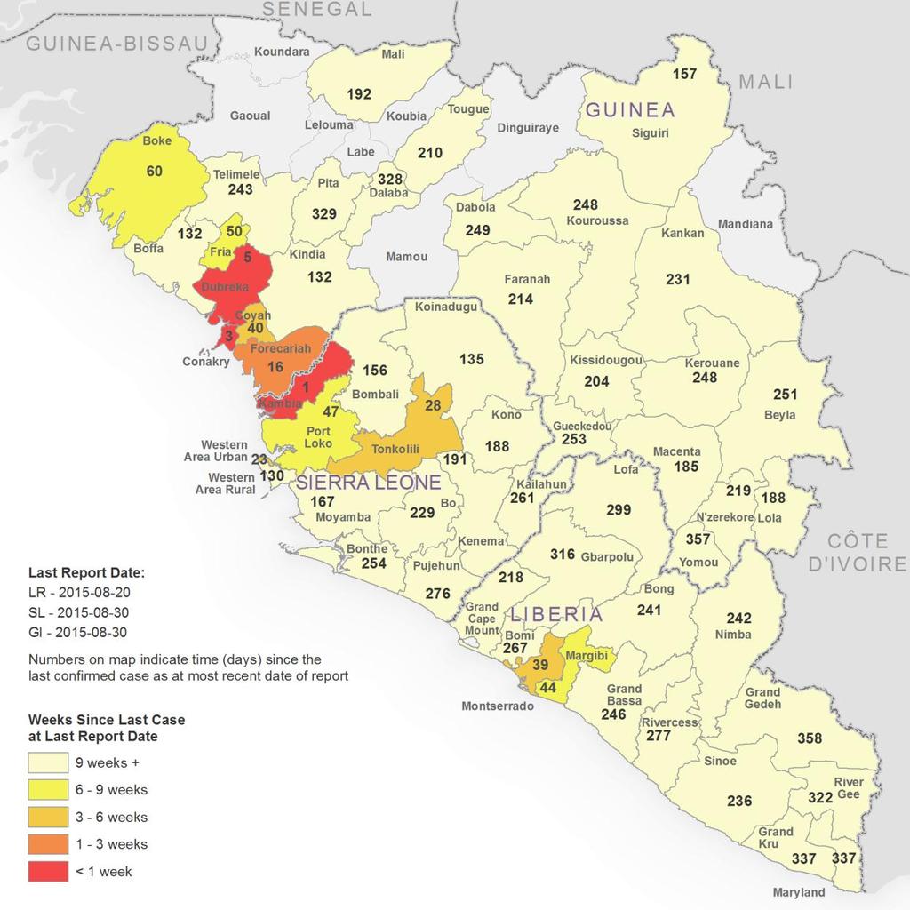Figure 6: Délai écoulé depuis le dernier cas confirmé, en Guinée, au Libéria et en Sierra Leone Date du dernier rapport Libéria : 20.08.