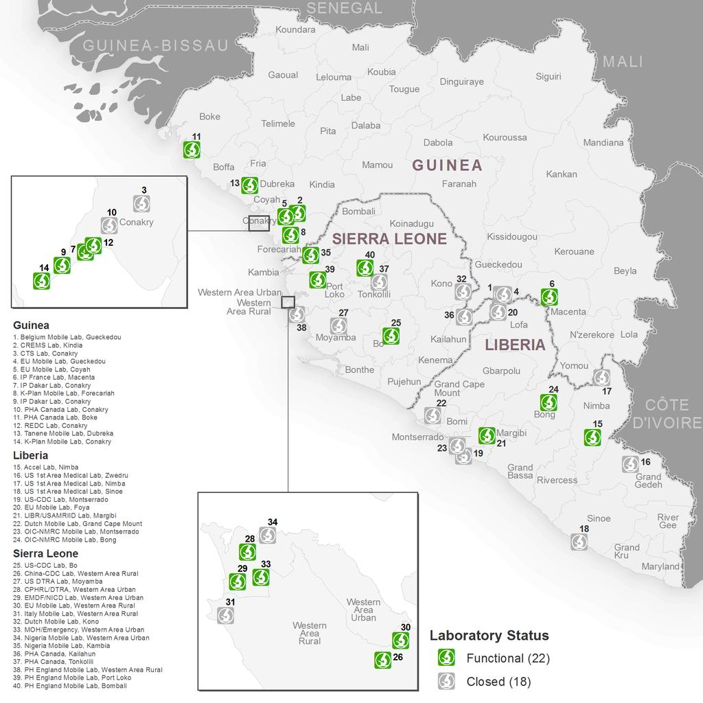 Figure 8 : Emplacement des laboratoires en Guinée, au Libéria et en Sierra Leone Guinée Libéria État des laboratoires Fonctionnels (22) Fermés (18) Les frontières, les noms et les appellations
