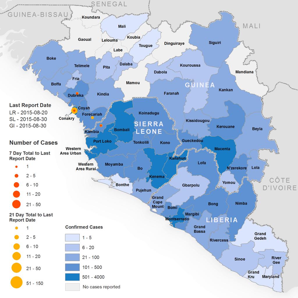 Figure 3 : Répartition géographique des nouveaux cas et du nombre total de cas confirmés en Guinée, au Libéria et en Sierra Leone Date du dernier rapport Libéria 20.08.2015 Sierra Leone 30.08.2015 Guinée 30.