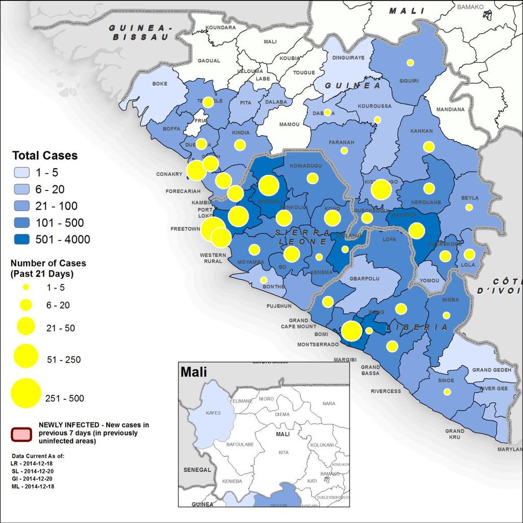 Figure 4 : Distribution géographique des nouveaux cas et total des cas confirmés ou probables* en Guinée, au Libéria, au Mali et en Sierra Leone Nombre total de cas Nombre de cas (dans les 21 jours