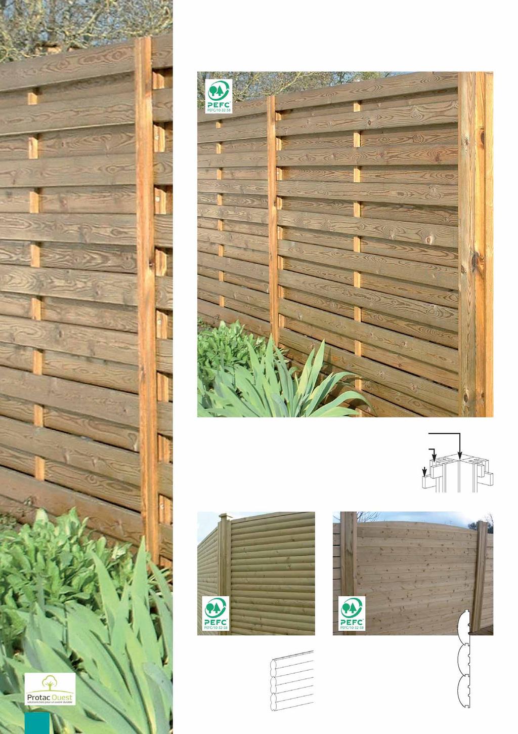 Clôtures bois Kit clôture en pin traité classe 3 À monter soi-même, comprend : - 2 demi-poteaux 90 x 45 mm de 2,40 ml, double rainure de 22 mm, classe 4-16 lames 21 x 120 mm, 4 arrondis de 2 ml,