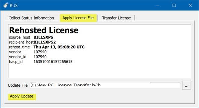 5. Cliquez sur Apply Update (Appliquer la mise à jour) pour confirmer le transfert (ré-hébergement) de la licence à partir de l ancien PC sur le nouveau 6.