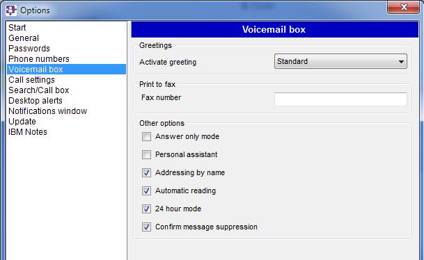 14.5 Greetings (Messages d'accueil) Greetings Sélectionner l'un des messages d'accueil de la boîte vocale (messages définis via l'interface TUI) : Standard Personal (les appels