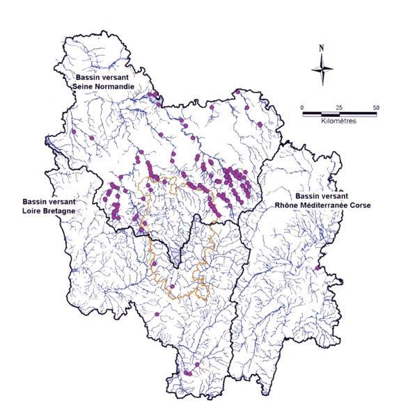 Carte de répartition d Unio crassus en Bourgogne (BLARD, 2007).