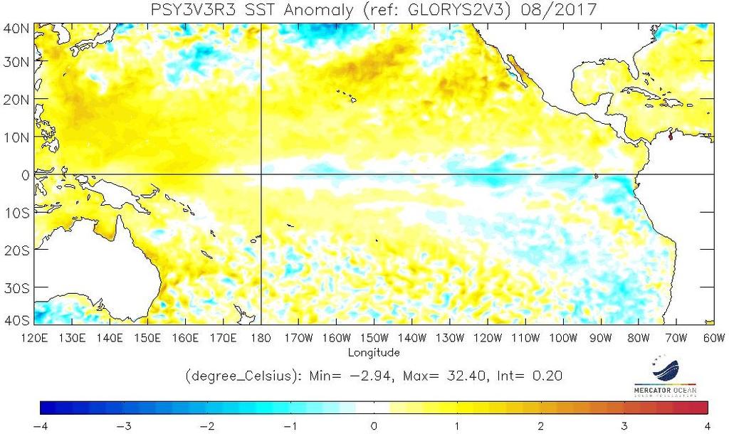 surface de l Océan à des valeurs proche de la normale : en moyenne sur les 3 derniers mois, la température de surface de la mer au niveau de la boîte Niño 3.