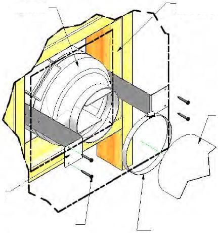 Fixation des ventilateurs au mur extérieur : Centrez chaque ventilateur dans l ouverture encadrée (11 po X 11 po).