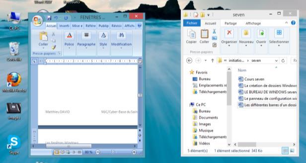 Exemple : 2 fenêtres ouvertes sur le bureau Ici une fenêtre de Word pour écrire un courrier Ici une fenêtre d explorateur pour chercher les courriers déjà Pour agir dans une fenêtre, cliquez d abord