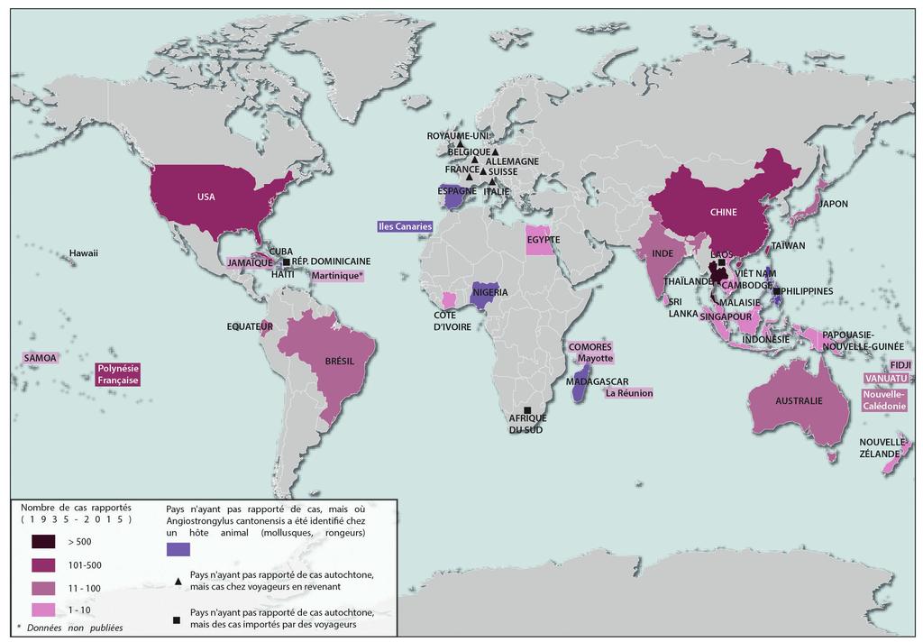 ZOONOSES Figure 1 Mappemonde indiquant les pays où des cas d angiostrongylose humaine ont été rapportés.