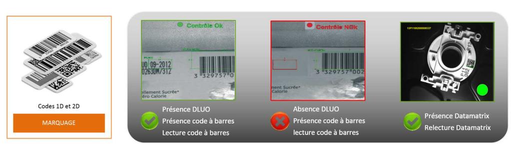 EXEMPLES D APPLICATIONS (SUITE) Inspection packaging Sécurité alimentaire Présence / Absence de composants Lecture codes 1D-2D