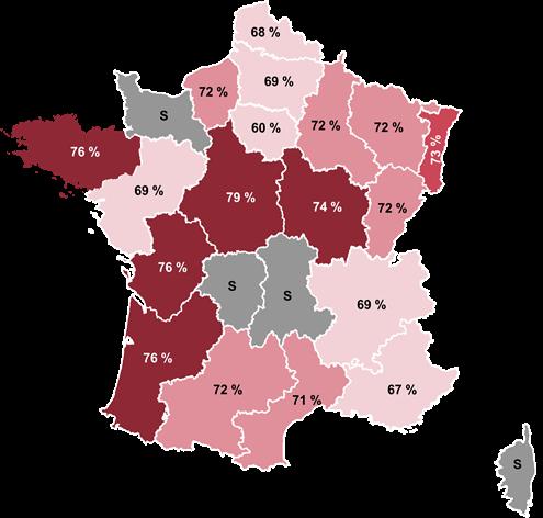 Répartition Hommes / Femmes Taux de féminisation par région Rappel France entière : 67