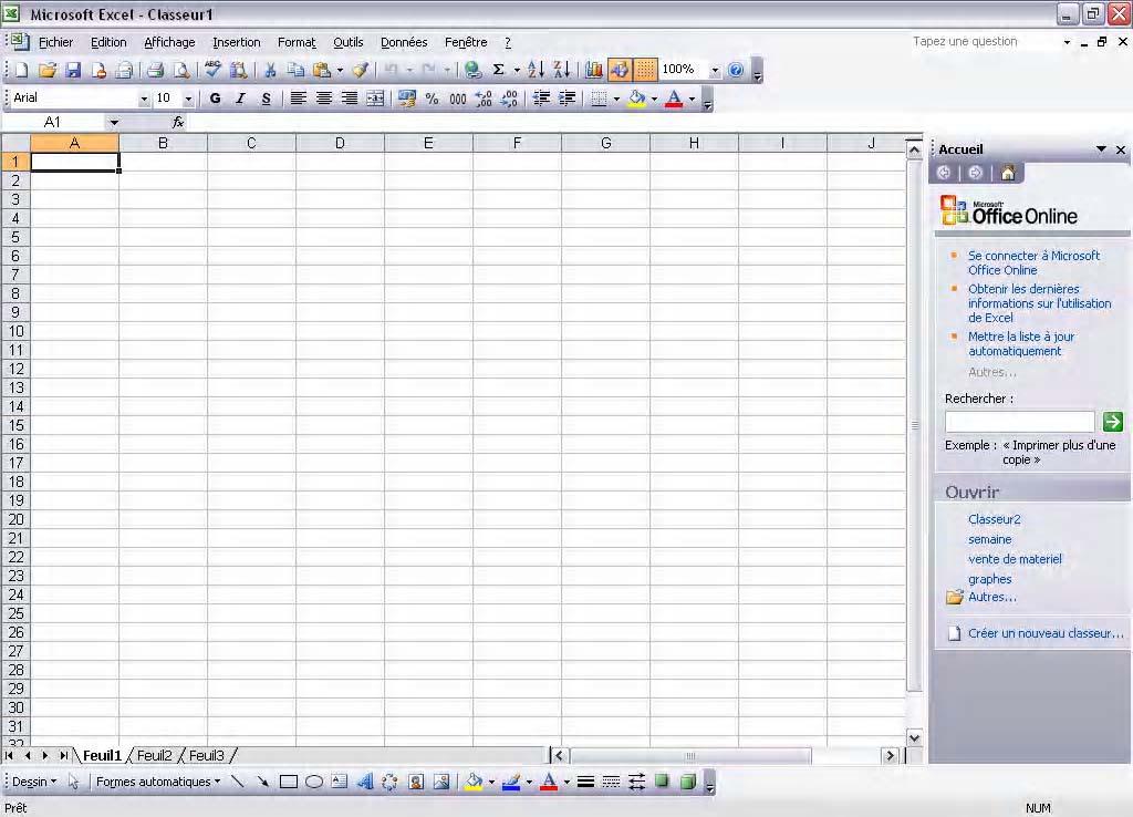 Présentation de Microsoft Excel Barre des titres Barre des menus Barre d'outils standard Barre d'outils mise en forme Barre de formule Sélecteur de ligne Cellule active Sélecteur de colonne Barre de