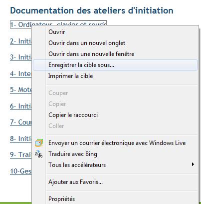 Téléchargement d un document en format PDF 1. Repérez le fichier sur Internet. 2. Positionnez votre pointeur de la souris sur le fichier ou le lien. 3. Cliquez sur le bouton droit de la souris. 4.