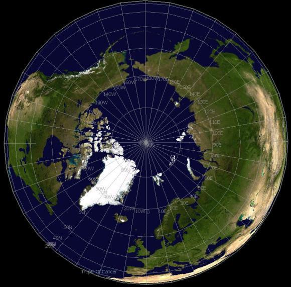 Vu du pôle, le cercle du globe mesure 360, dont 180 par l ouest et 180 par l Est.
