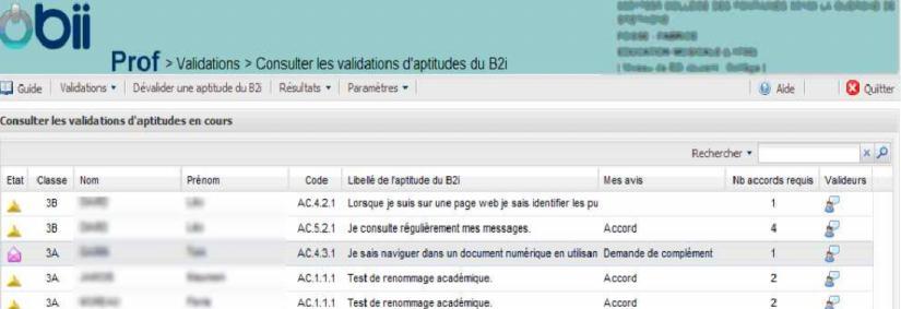 Pour répondre à une demande élève 7 Menu : Validation / Consulter les validations d aptitudes du B2I 1 - Cliquer sur la demande. Ouverture de l écran d évaluation.