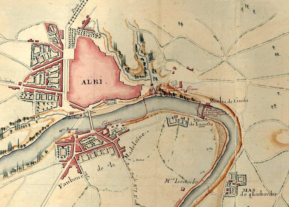 Les propriétaires des moulins Document 2 : Extrait du plan général du Tarn entre Albi et Gaillac, 1823, (AD81 3 S 2/4) Relevez les noms des quatre moulins mentionnés sur ce