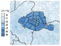 (b) : en haut, ICU simulé par le modèle sur l agglomération parisienne : moyenne des températures de l air à 2 m à
