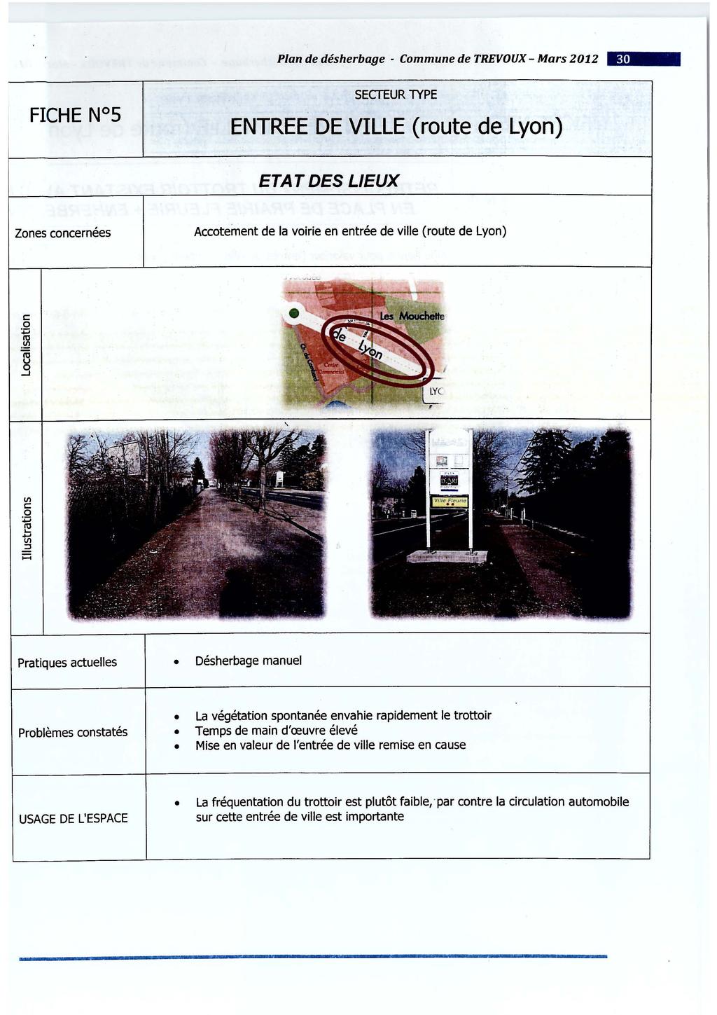 Plan de désherbage - Commune de TREVOUX - Mars 2012 - SECTEUR TYPE ENTREE DE VILLE (route de Lyon) ETAT DES LIEUX Zones concernées Accotement de la voirie en entrée de ville (route de Lyon) Pratiques