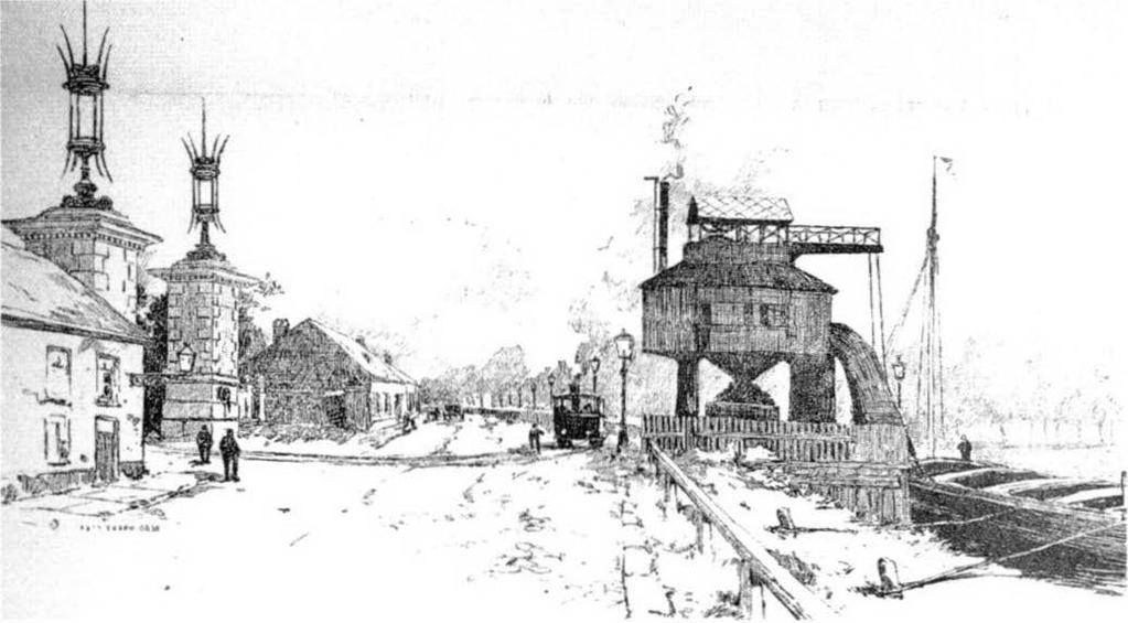 (1875) où la ville commença niers habi tants ne quittèrent le familis tère qu'en 19 71, une L'entrée de l'usine à gaz de la Ville de Bruxelles et son élévateur à charbon, quai des Usines.