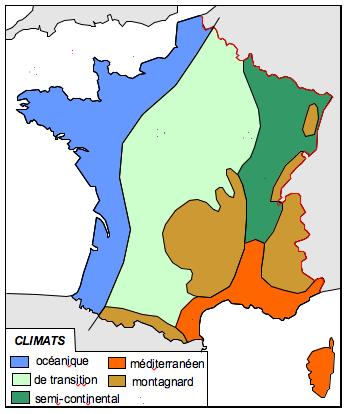 Géo:%Les%climats%en%France% Leçon Géo10 Les 6 climats en France Océanique : des hivers assez doux et des étés relativement frais. Les pluies sont fréquentes toute l'année.