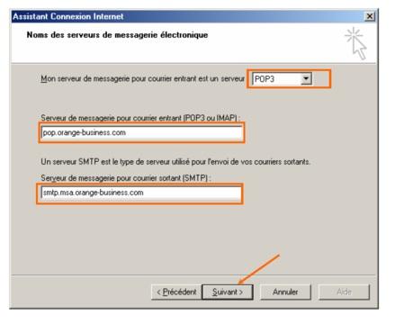 A présent, vous devez renseigner les informations des serveurs. Tout d abord, choisir le type «POP3» pour le serveur de courrier entrant.