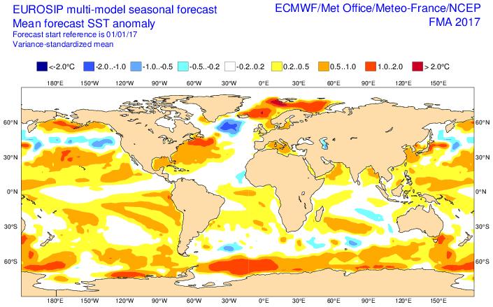 Prévision des anomalies moyennes de température de surface de la mer par le multi-modèle EUROSIP (liste des contributeurs en fin de bulletin) pour le trimestre février-mars-avril 2017.