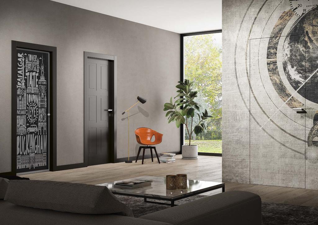 Imbotte New Style Laccato RAL 8019, porta a battente, vetro London Calling Lacquered RAL 8019, hinged door, London Calling glass Laqué RAL 8019, porte battante,