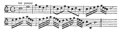 Quatrième partie Des règles du coup d'archet 1 Puisque la mélodie est une constante alternance, un mélange permanent de sons, non seulement aigus et graves, mais aussi courts et longs, sons exprimés